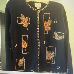 Christopher & Banks leaf cardigan sweater black L